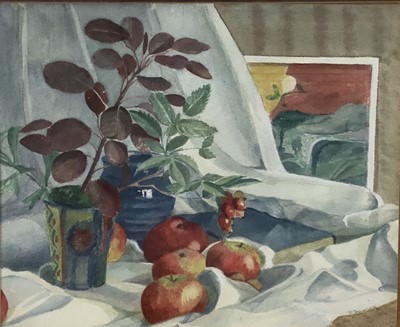 Lot 119 - P.Bowser (Contemporary): watercolour, still life of fruit and potted plants, 40x29cm