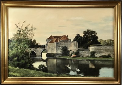 Lot 274 - *Michael John Hunt (b.1941) acrylic on canvas, Moated house, signed, 60cm x 90cm, in gilt frame