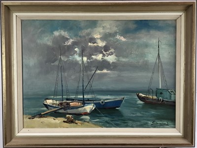 Lot 136 - Giavanni (Contemporary): oil on canvas, three moored boats, signed lower right, 68.5x49cm