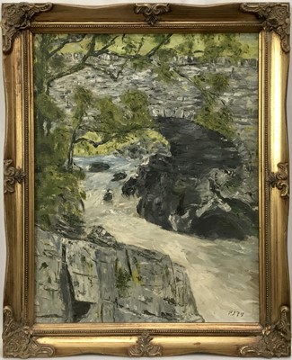 Lot 137 - British school, 20th century oil on board, river landscape with bridge and trees, 27x35cm