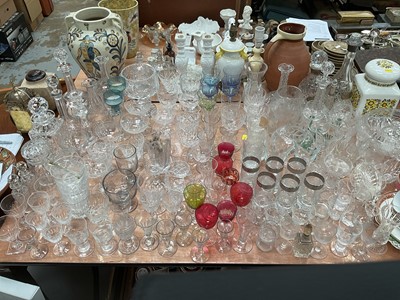 Lot 509 - Large quantity of antique and later glassware to include two silver mounted decanters, rummers, decanters and some ceramics.