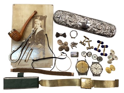 Lot 1056 - Various cufflinks, silver ring, silver backed brush, watches and bijouterie