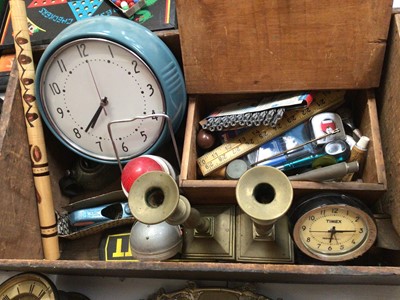 Lot 353 - Group of clocks, brass ware including trays and candlesticks, lantern with glass panels, tools, accessories and sundries