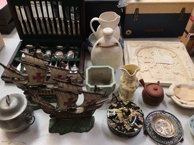 Lot 356 - Canteen of plated cutlery, pair of painted brass galleon door stops, various ceramics and sundries