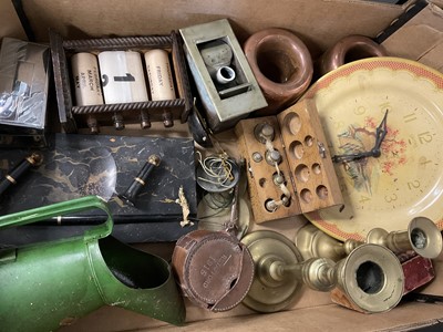 Lot 185 - Metalwares and sundries including marble desk stand, candlesticks