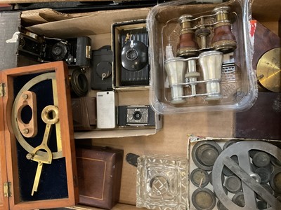 Lot 188 - Box of antique cameras, opera glasses, scales, other scientific instruments