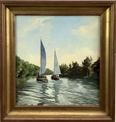 Lot 277 - *Michael John Hunt (b.1941) two acrylic works on board, Two sail boats, signed, 33cm x 31cm and Moored boat at Dusk, both framed