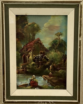 Lot 142 - Giovanni: continental oil on board, washerwomen and mill, signed lower left, 11x16cm