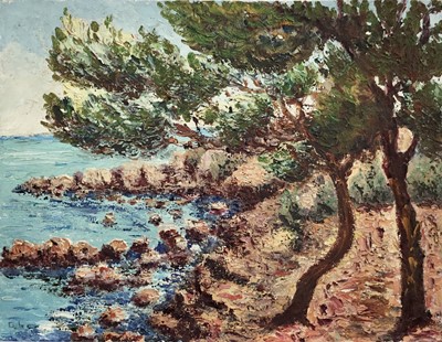 Lot 144 - French school, 20th century oil on board, Mediterranean coastline with cedar trees, signed lower left, 35x27cm