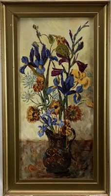 Lot 145 - British school, 19th century oil on board, still life of flowers in a jug, 24x52cm