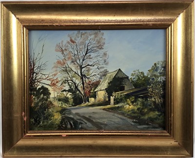 Lot 278 - *Michael John Hunt (b.1941) two acrylic works on board - Richborough Farm plein air landscape, signed and dated 3pm 31/10/89 and another both 29cm x 39cm, in gilt frames