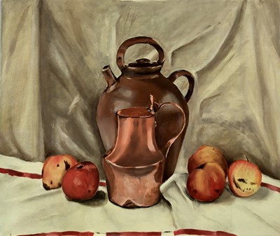 Lot 150 - French school, 20th century oil on board, still life of jugs and fruit, 55x46cm