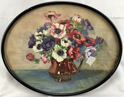 Lot 259 - Dorcie Sykes (1901-1998) watercolour - Poppies in a copper jug, signed, 33cm x 41cm, in oval frame