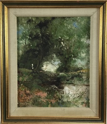 Lot 162 - Peter Snell:  20th century oil on canvas, woodland riverside scene, signed lower left, 20x24.5cm