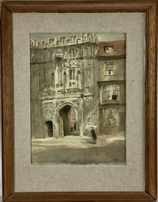 Lot 167 - British school, 20th century watercolour, entrance of a college, signed lower right, 26x36.5cm