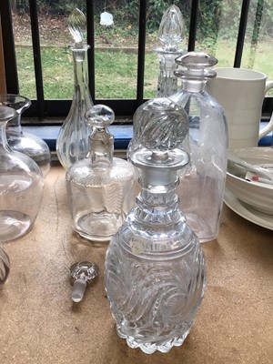 Lot 71 - A Baccarat glass decanter, a 19th century etched 'Gin' decanter, and other decanters