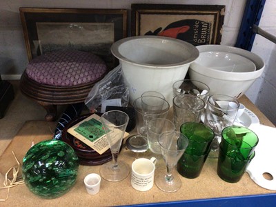 Lot 85 - Sundry items, including antique glassware, ceramics, a footstool, prints, etc