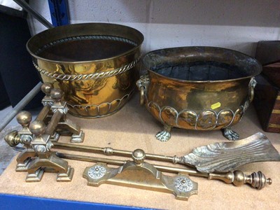 Lot 86 - Group of brassware, including a wine cooler with paw feet, jardinière, and fire tools