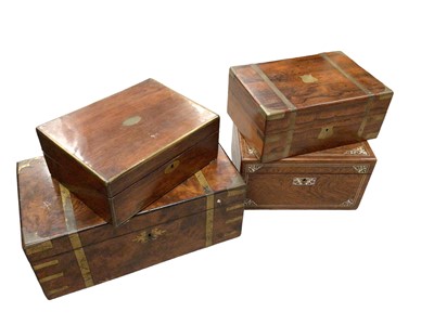 Lot 87 - Four 19th century wooden boxes, including a rosewood and mother-of-pearl sewing box, a brass-bound walnut writing slope, two more rosewood boxes and a tortoiseshell brush set