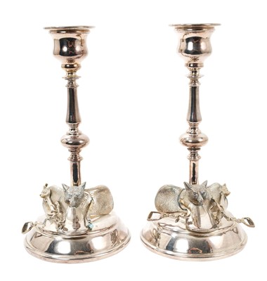 Lot 1224 - Pair of good quality silver plated hunting themed candlesticks