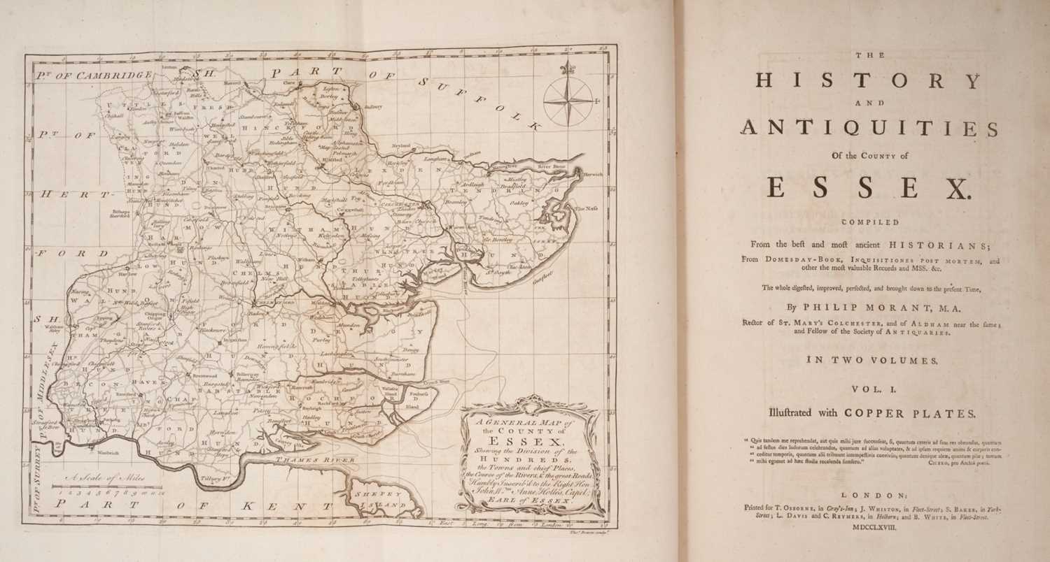 Lot 1121 - The History And Antiquities Of the County of Essex, by Philip Morant, printed for Osborne, Whiston, Baker, Davis, Reymers and White, 1768, full leather bound