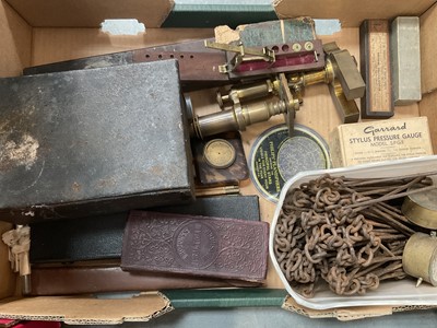 Lot 204 - Collection of various scientific instruments, microscope, cased sovereign scales, primes stove etc