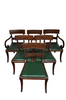 Lot 1584 - Set of six Regency mahogany dining chairs with bar backs, green leatherette seats on sabre legs