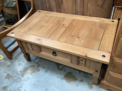 Lot 1217 - Pine rectangular coffee table with single drawer, 100cm wide, 59.5cm deep, 46cm high, together with a similar TV stand (2)