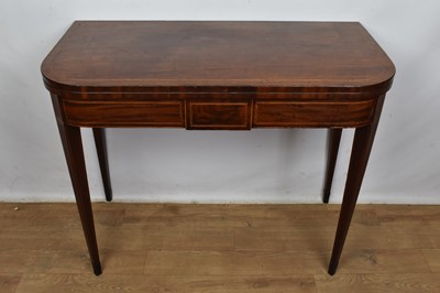 Lot 1585 - George III inlaid mahogany D-shaped card table with satinwood inlay on square tapered legs