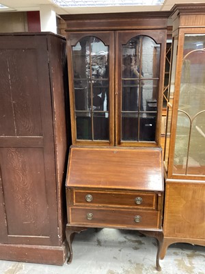 Lot 1291 - Edwardian mahogany bureau bookcase with crossbanded drawers above cabriole legs