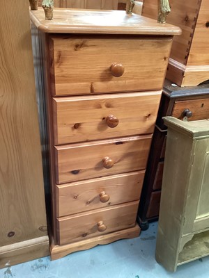 Lot 1222 - Pine narrow chest of five drawers, 43cm wide, 44cm deep, 97cm high, together with a pine blanket box, 90cm wide, 44cm deep, 47cm high (2)