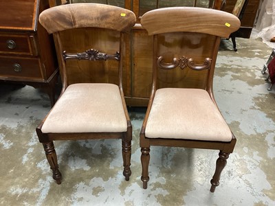 Lot 1293 - Six similar early Victorian bar back dining chairs with carved centre rails standing on turned leg - all with matching dusky pink seats.