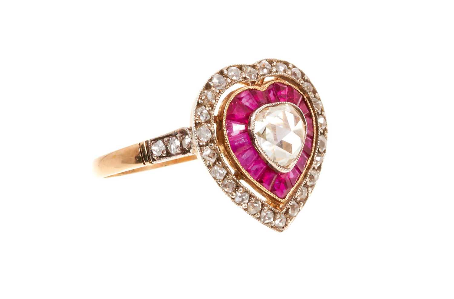Lot 759 - Edwardian-style diamond and ruby heart shape cluster ring