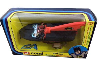 Lot 370 - Corgi Batman Vehicles including Batmobile No.267, Batcopter No.925, Batboat No.107 & Penguinmobile No.259, all boxed (4)