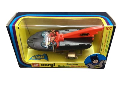 Lot 370 - Corgi Batman Vehicles including Batmobile No.267, Batcopter No.925, Batboat No.107 & Penguinmobile No.259, all boxed (4)