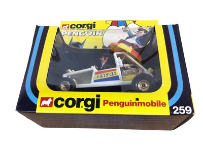 Lot 370 - Corgi Batman Vehicles including Batmobile No.267, Batcopter No.925, Batboat No.107 & Penguinmobile No.259, all boxed (4)