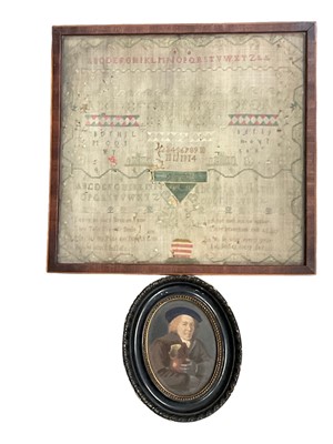 Lot 241 - Georgian silkwork sampler, signed G Goodchild, Aged 11, 1801, in glazed frame, together with an oval portrait print in glazed frame