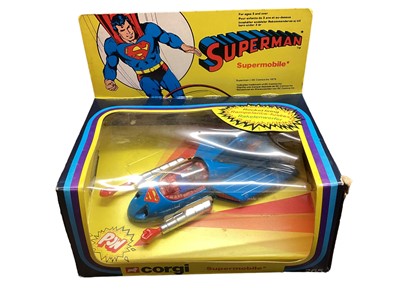 Lot 371 - Corgi Superheroes including Superman Supermobile No.265 & Superman Van No.435, The Incredible Hulk No.264, Buck Rogers Starfighter No.647 & Spider-Man Spiderbike No.266 (5)