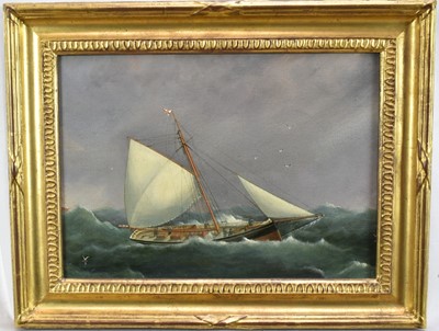 Lot 1356 - English School, 19th century, oil on canvas -Sailing Yacht in Squally Seas, 26cm x 36cm, in gilt frame