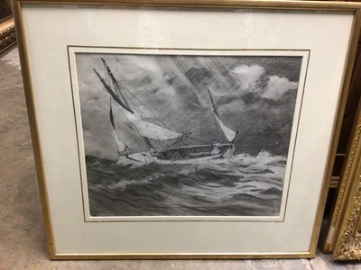 Lot 345 - Group to include a Victorian gilt picture frame with mirrored plate, sepia watercolour of a boat in squally seas, 19th century sepia watercolour of game birds - signed W. Gunton, and two Georgian c...