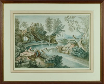 Lot 1366 - Jean-Victor Bertin (French, 1767-1842) watercolour on laid paper - An Arcadian Landscape, signed, 38cm x 53cm, in glazed frame