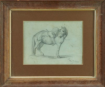 Lot 1378 - Rosa Bonheur (French, 1822-1899) pencil sketch of a saddled horse, signed lower right, 21cm x 29cm, in glazed oak frame with wax studio sale seal to backing board