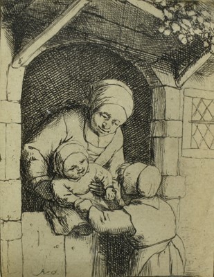 Lot 1491 - Adriaen Van Ostade (1610-1685) etching - Woman and Children in a Doorway, 8.5cm x 6.5cm, in glazed frame