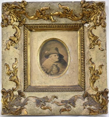 Lot 1492 - Dutch School, 18th century, monochrome watercolour - The Ale Drinker, oval 8cm x 6.5cm, in gilt and painted frame