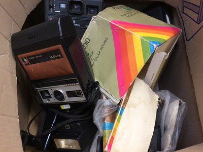 Lot 726 - Large collection of cameras and equipment, including Polaroid, with a telescope and stand