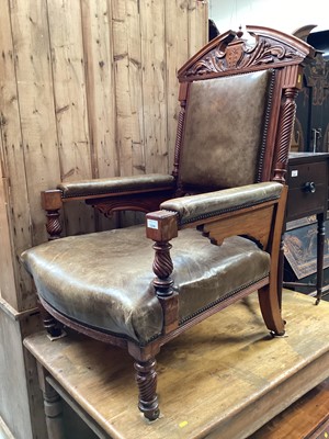 Lot 1239 - Good quality late Victorian walnut framed armchair with studded green leather seat, back and arms on spiral turned front legs terminating on castors, 65cm wide, 74cm deep, 120cm high