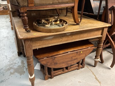 Lot 1240 - Old pine kitchen table with end drawer on turned legs, 120cm wide, 85.5cm deep, 74.5cm high (drawer incomplete)