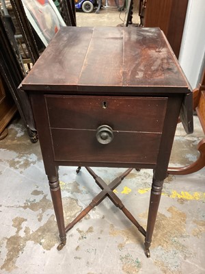 Lot 1241 - Nineteenth century drop flap work table with end drawer on turned legs joined by X frame stretchers