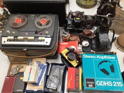 Lot 373 - Group of vintage cameras and accessories, two clocks, pair of figure ornaments, lighters and sundries