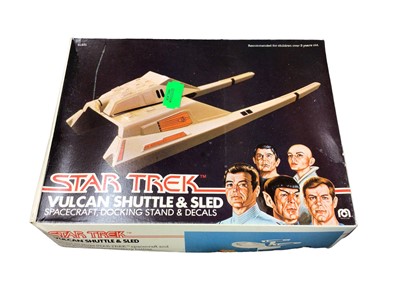 Lot 386 - Mega Corps Star Trek Vulcan Shuttle & Sled No.91231 & Klingon Cruiser No.91230, plus Playmates Captain Kirk & Mr Spock No.65174 & Lt Commander Data, Lt Worf & Alexander Rozhenko No.65191, all boxed...